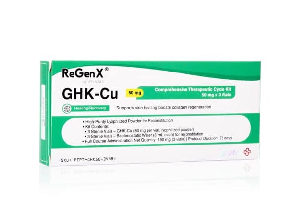 ReGenX GHK Cu 50 mg/mL、3バイアル（50 mg）＋3バクテリア水（3 mL）Beligas（国際）